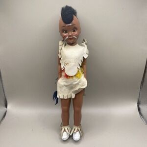 Vintage CARLSON 1950s Native American Doll‎ Leather Feathers Sleepy Eyes 7"